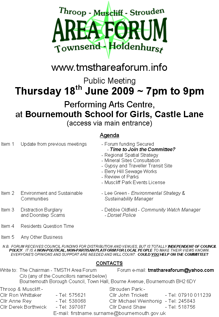 TMSTH Area Forum Agenda - 18th June 2009 - Front Print