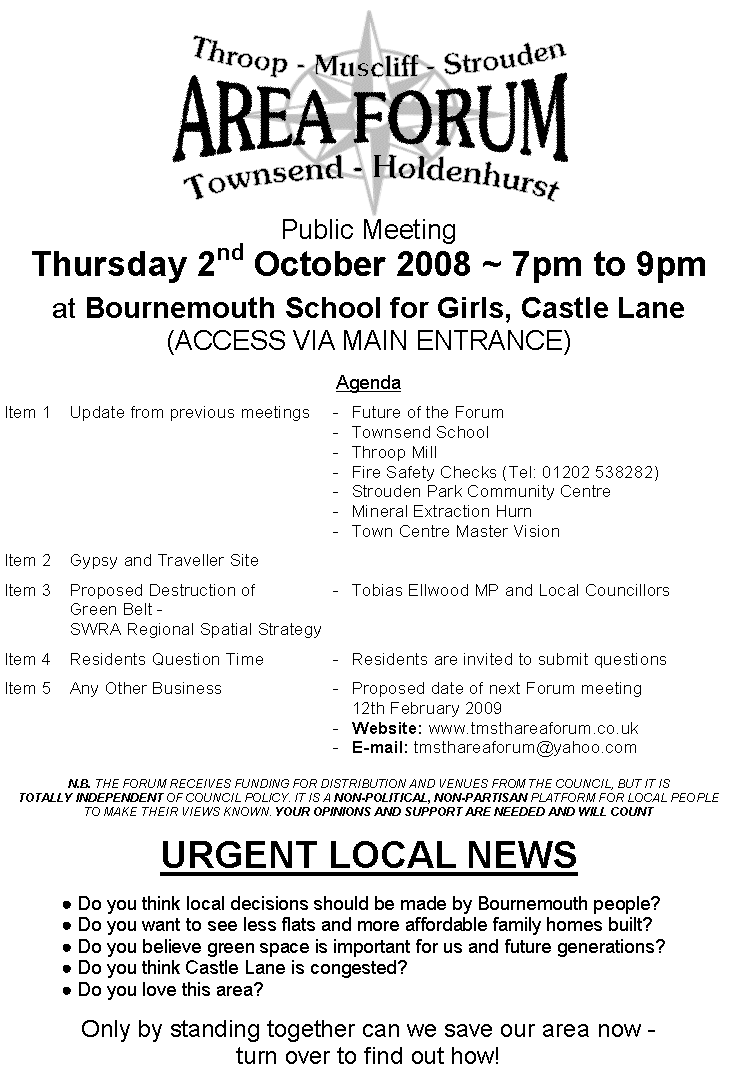 TMSTH Area Forum Agenda - 2nd October 2008 - Front Print