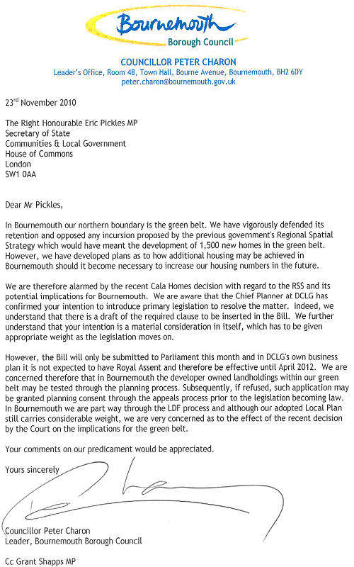 Green Belt Safe or Not Letter Councillor Peter Charon