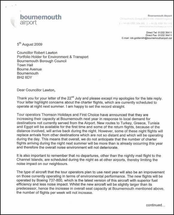 Page 1 - Letter from Robert Goldsmith, Managing Director, Bournemouth International Airport Ltd regarding Night Flights from Bournemouth International Airport