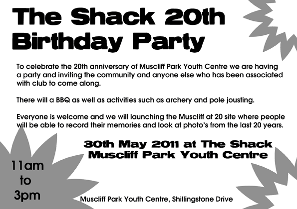 The Shack 20th Birthday Party Leaflet
